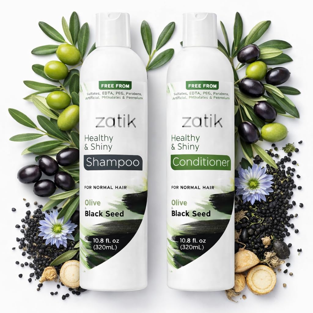 Zatik Naturals - Healthy & Shiny Shampoo + Conditioner Set with Olive and Black Seed, Voluminizing and Safe for Color Treated Hair - One of Each 10.80 Beauty & Personal Care Zatik