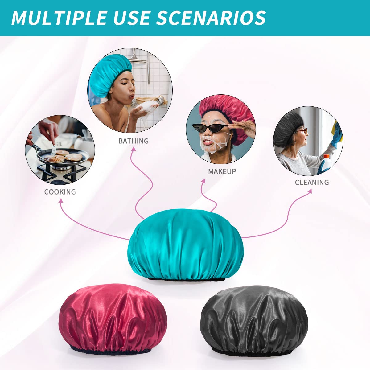 Aquior Shower Cap for Women Reusable, Extra Large Shower Cap for Men,Satin EVA Double Layer Waterproof Hair Cap For Long Hair, 4 Pieces Beauty & Personal Care Aquior