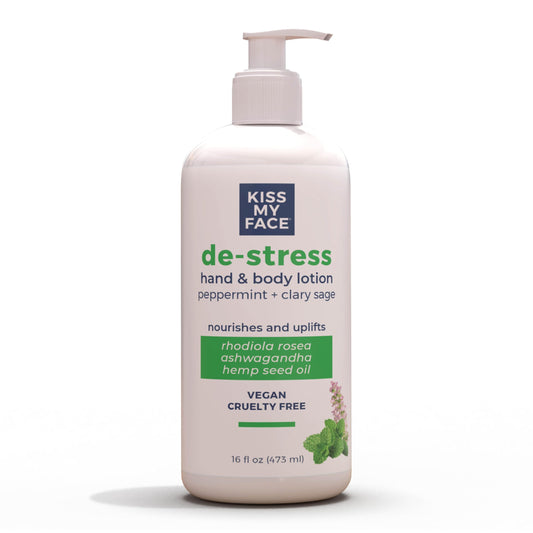 Kiss My Face De-Stress Hand & Body Lotion - Peppermint + Clary Sage - Soothing Rhodiola Rosea - With Hemp Seed Oil & Ashwagandha - Vegan Beauty & Personal Care Kiss My Face