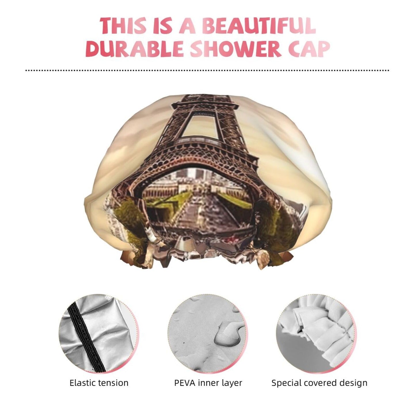 Romantic Paris Eiffel Tower Shower Cap for Women Men Large Reusable Shower Bonnet Double-Layer Waterproof Bath Caps Elastic Band Hair Hat for All Beauty and Personal Care BWLHJKE