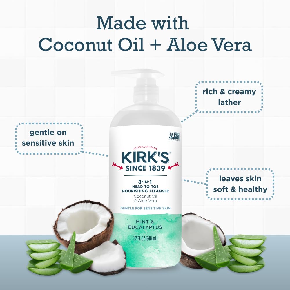 Kirk's Mint and Eucalyptus 3-in-1 Nourishing Cleanser and Travel Bar Soap, Shampoo Body Wash Bubble Bath, Coconut Oil and Aloe Vera, Vegan Non-GMO, 32 Beauty & Personal Care Kirk's