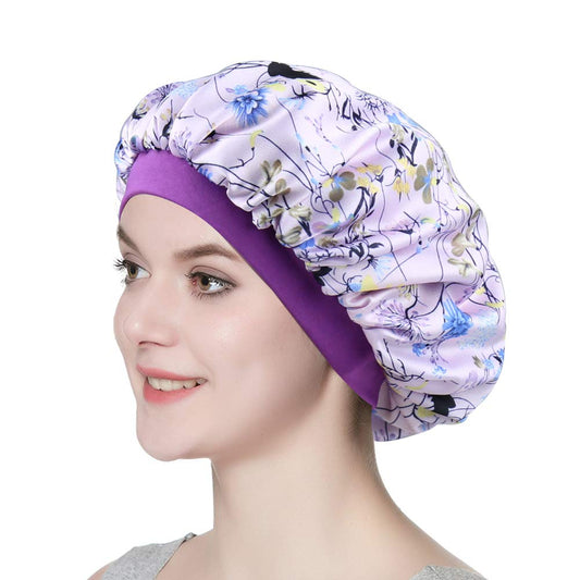 Chemo Cap Silk Nightcap for Women Wide Band Satin Bonnet for Hair Beauty Purple Floral Beauty and Personal Care Alnorm