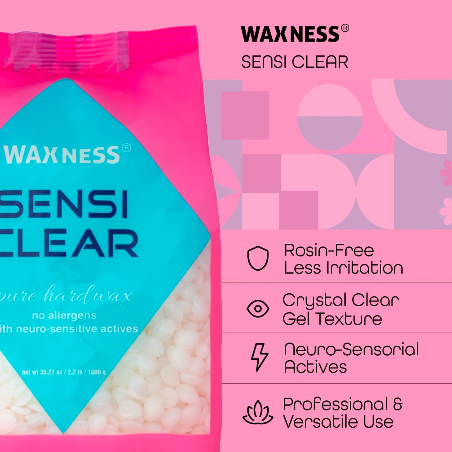 Waxness Sensi Clear Pure Hard Wax Beads 1 lb (453 g) - Rosin-Free Stripless Clear Hard Wax with Neuro-Active Comfort Complex for Face & Body - Made in Beauty and Personal Care Waxness