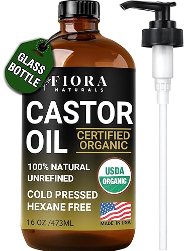 Organic Castor Oil in Glass Bottle - 16 Oz Cold Pressed & Hexane-Free - USDA Certified - Hair Growth Oil For Lashes, Brows, Skin & Scalp - with Pump Beauty & Personal Care Fiora Naturals