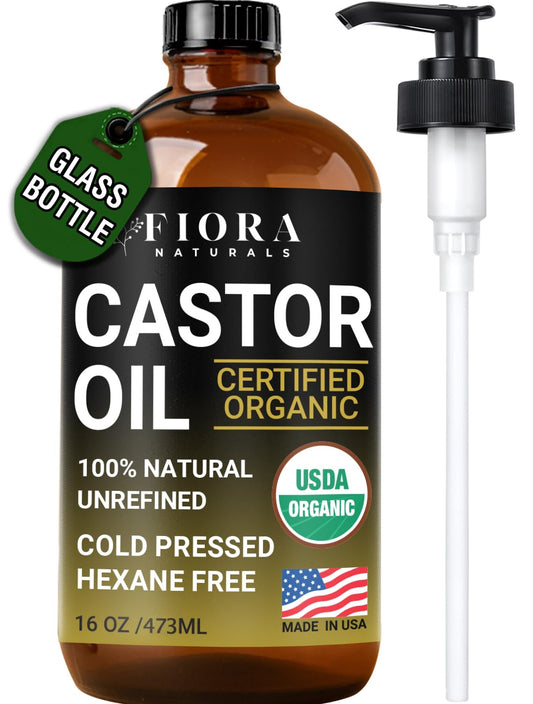 Organic Castor Oil in Glass Bottle - 16 Oz Cold Pressed & Hexane-Free - USDA Certified - Hair Growth Oil For Lashes, Brows, Skin & Scalp - with Pump Beauty & Personal Care Fiora Naturals