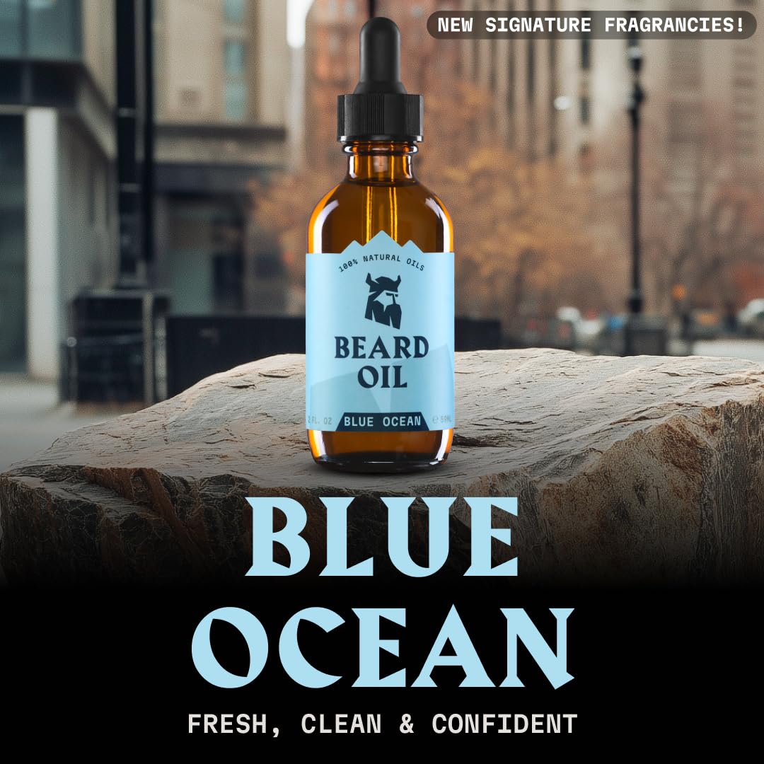 Striking Viking Beard Oil for Men (2 Fl Oz (Pack of 1), Blue Ocean) Naturally Derived Conditioner with Almond, Tea Tree, Argan & Jojoba Oil for Beard Beauty and Personal Care Striking Viking