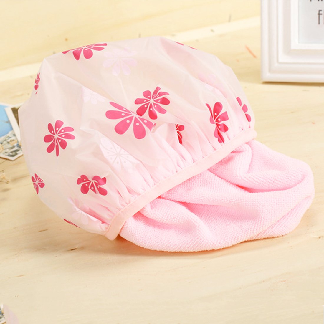 Ruilogod Pink PEVA Microfiber Dual Layers Flower Printing Waterproof Bath Hair Cap Hat (id: 753 32e c1e e0a c7d Beauty and Personal Care Ruilogod