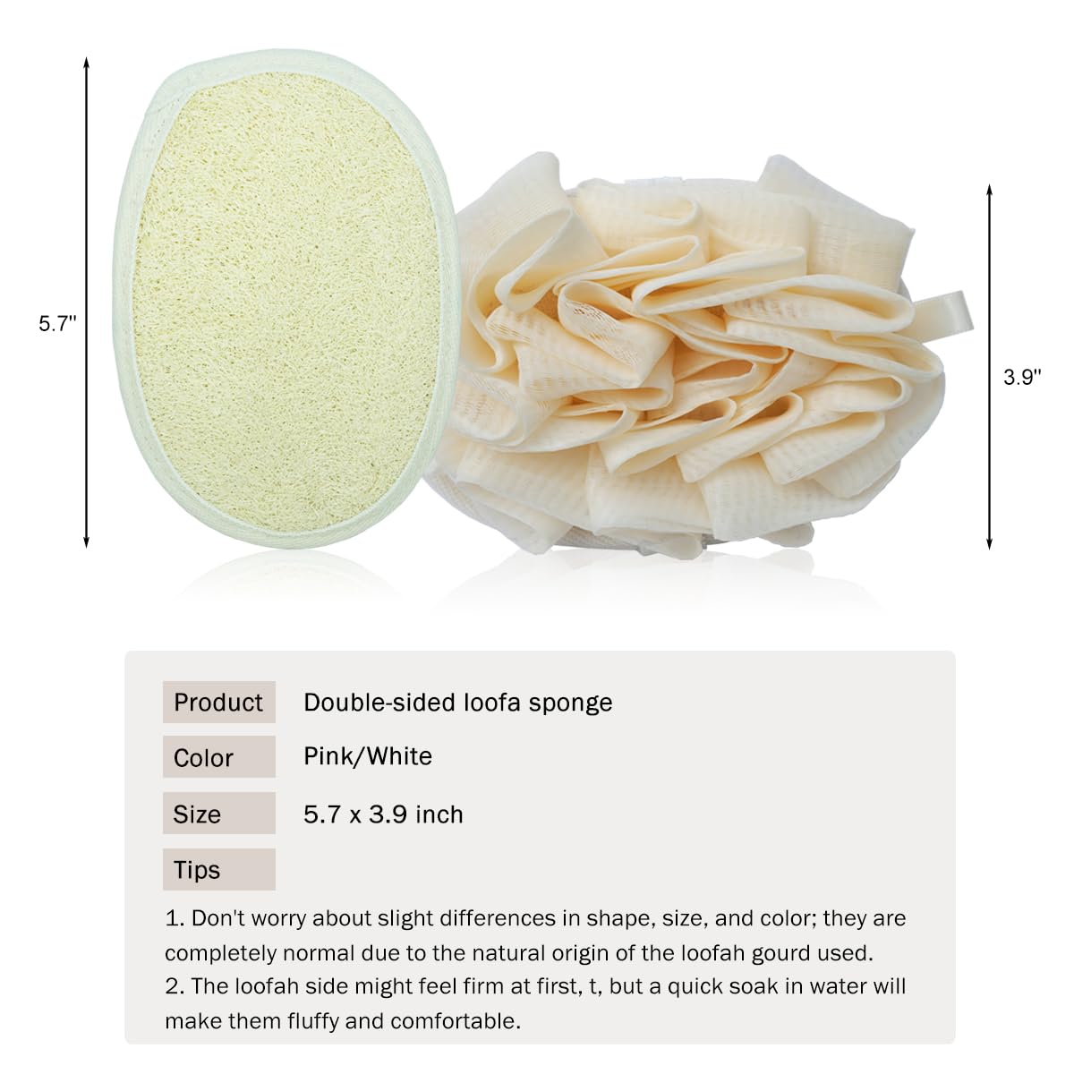 Double Sided Natural Loofah Exfoliating Body Scrubber and Mesh Pouf Bath Sponges for Shower Loofah Pad (2 Piece Set, White/Pink) Beauty and Personal Care VeridianLife