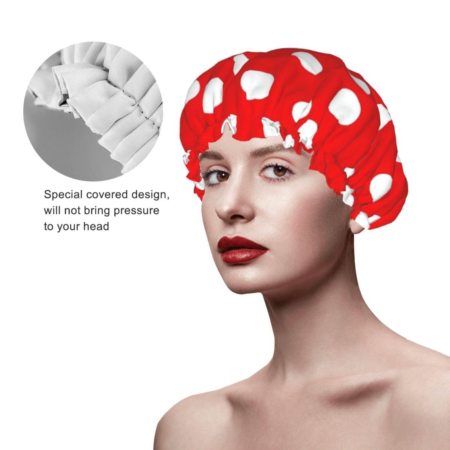 Red And White Polka Dots Shower Cap Reusable Waterproof Shower Bonnet for Women Men Elastic Band Bath Hair Hat Double Layered Washable Bath Cap Beauty and Personal Care FHEBNDS
