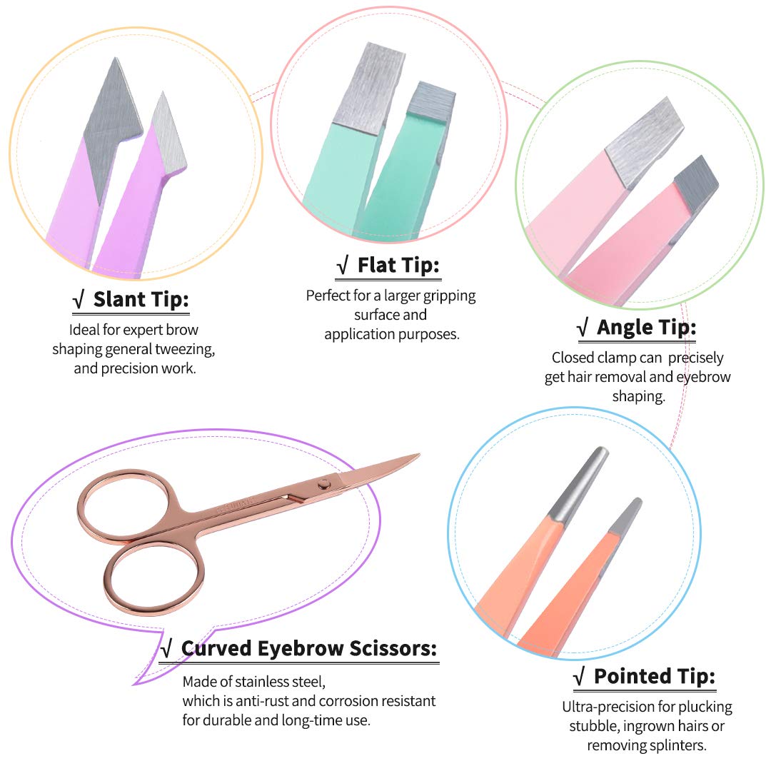 TsMADDTs 6 PCS Tweezers Set for Women, Eyebrow Tweezers with Curved Scissor for Ingrown Hair, Hair Plucking Daily Beauty Tools with Leather Travel Beauty & Personal Care TsMADDTs