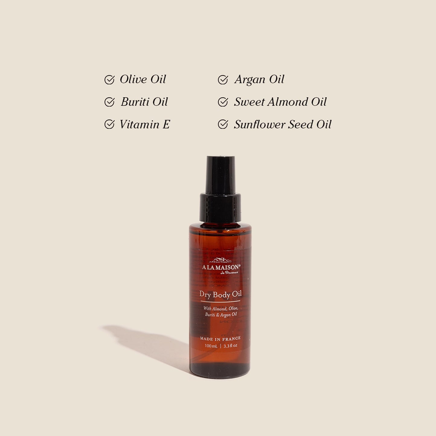 A LA MAISON Dry Body Oil Spray - Lightweight After-Shower Body Oil with Argan, Sweet Almond & Buriti Oils - Moisturizing & Fast-Absorbing, Made in Beauty & Personal Care A LA MAISON