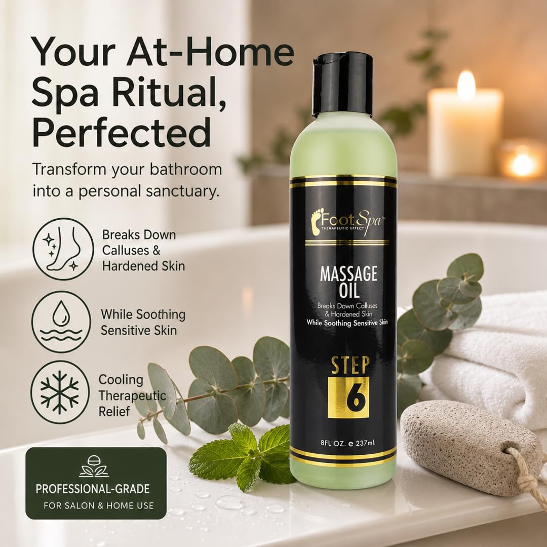 Foot SPA Pedicure Massage Oil - Tea Tree, Peppermint & Eucalyptus Blend for Callus Softening & Cracked Heel Repair | Cooling Relief | Professional Beauty & Personal Care FootSpa