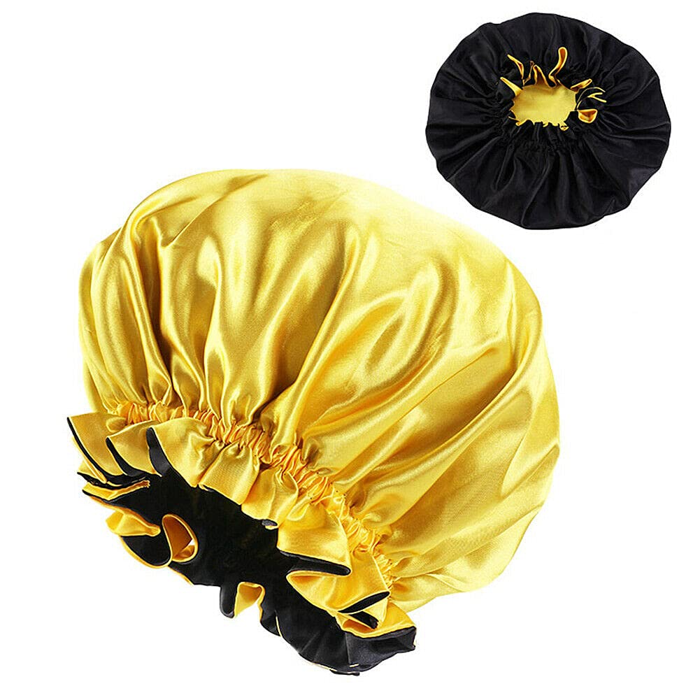 Magik Double-sided Cover Satin Night Sleep Cap Hair Bonnet Hat Head w/Elastic Band (1 Pack, Yellow/Black) Beauty and Personal Care Magik