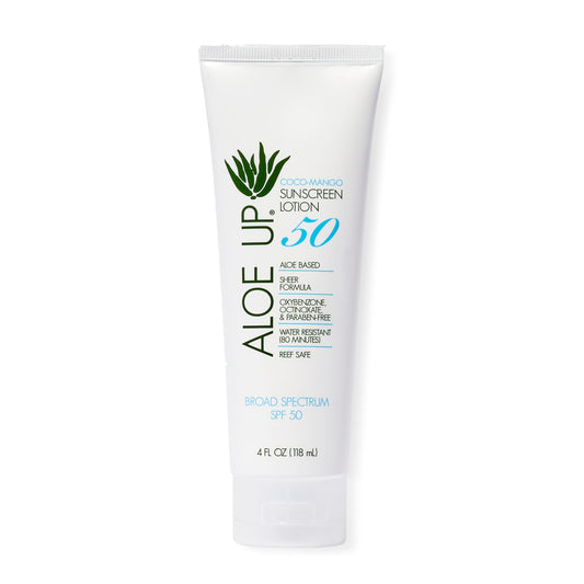 Aloe Up SPF 50 Sunscreen for Sensitive Skin – Broad Spectrum Face & Body Sunblock with Aloe Vera, Reef-Safe, Hydrating Coco-Mango, 4oz Beauty & Personal Care ALOE UP