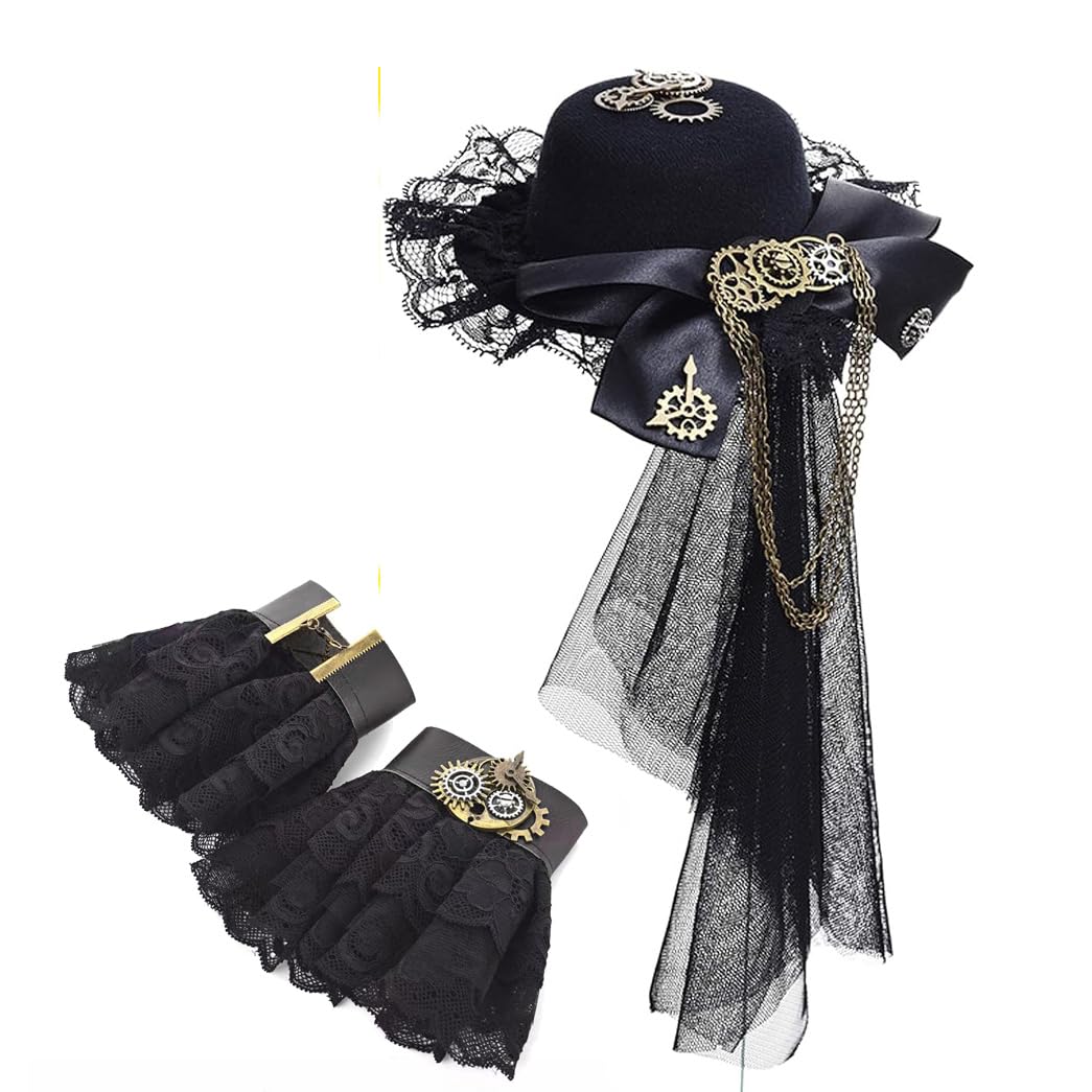 Womens Girls Vintage Lace Veil Tassels Steampunk Hair Clip Gears Bow-tie Mini Top Hat Gothic Lolita Fedoras Headwear