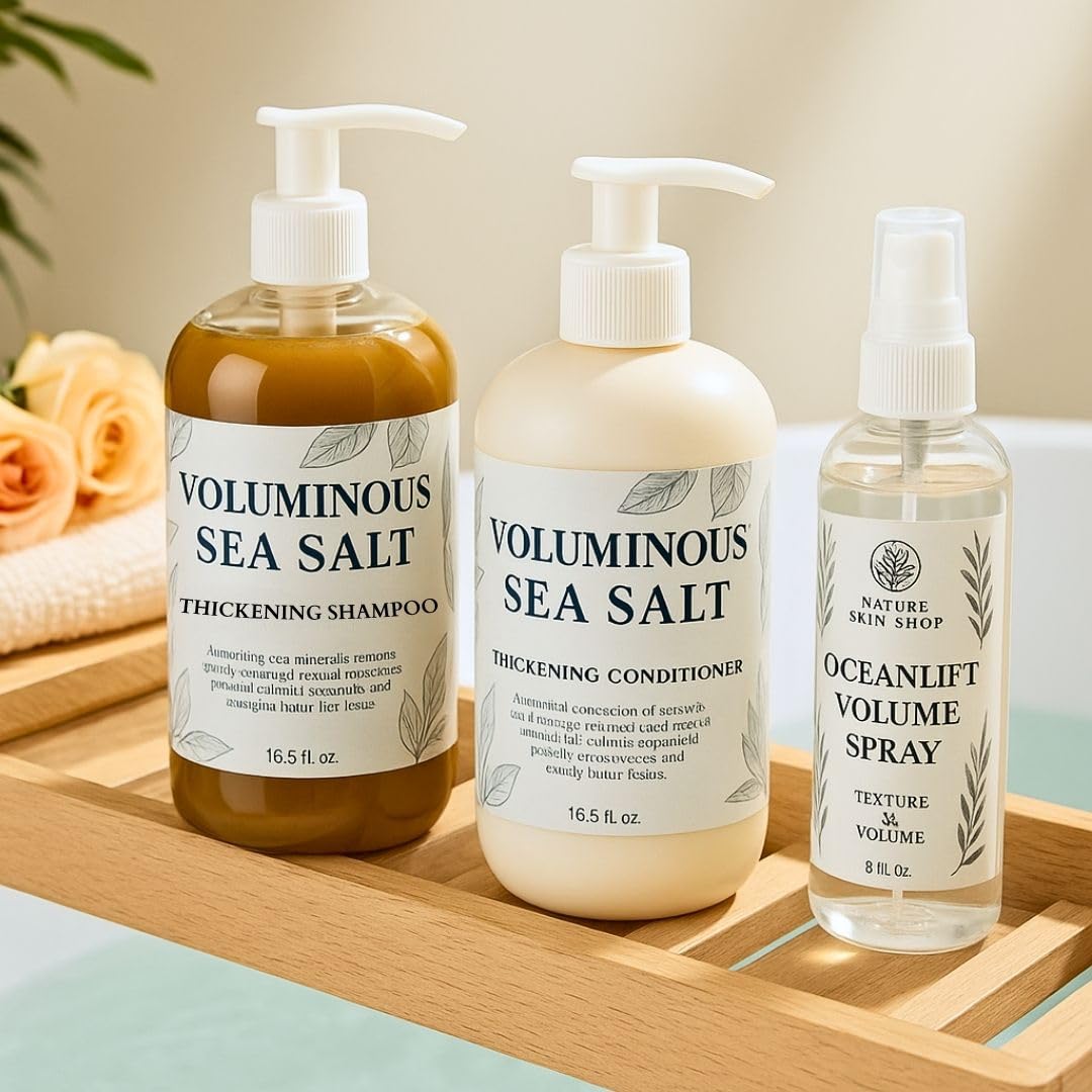 Nature Skin Shop Voluminous Hair System, 3-Piece Shampoo, Conditioner & OceanLift Spray Set for Instant Volume & Body, Thickening for Fine, Flat Beauty & Personal Care Nature Skin Shop