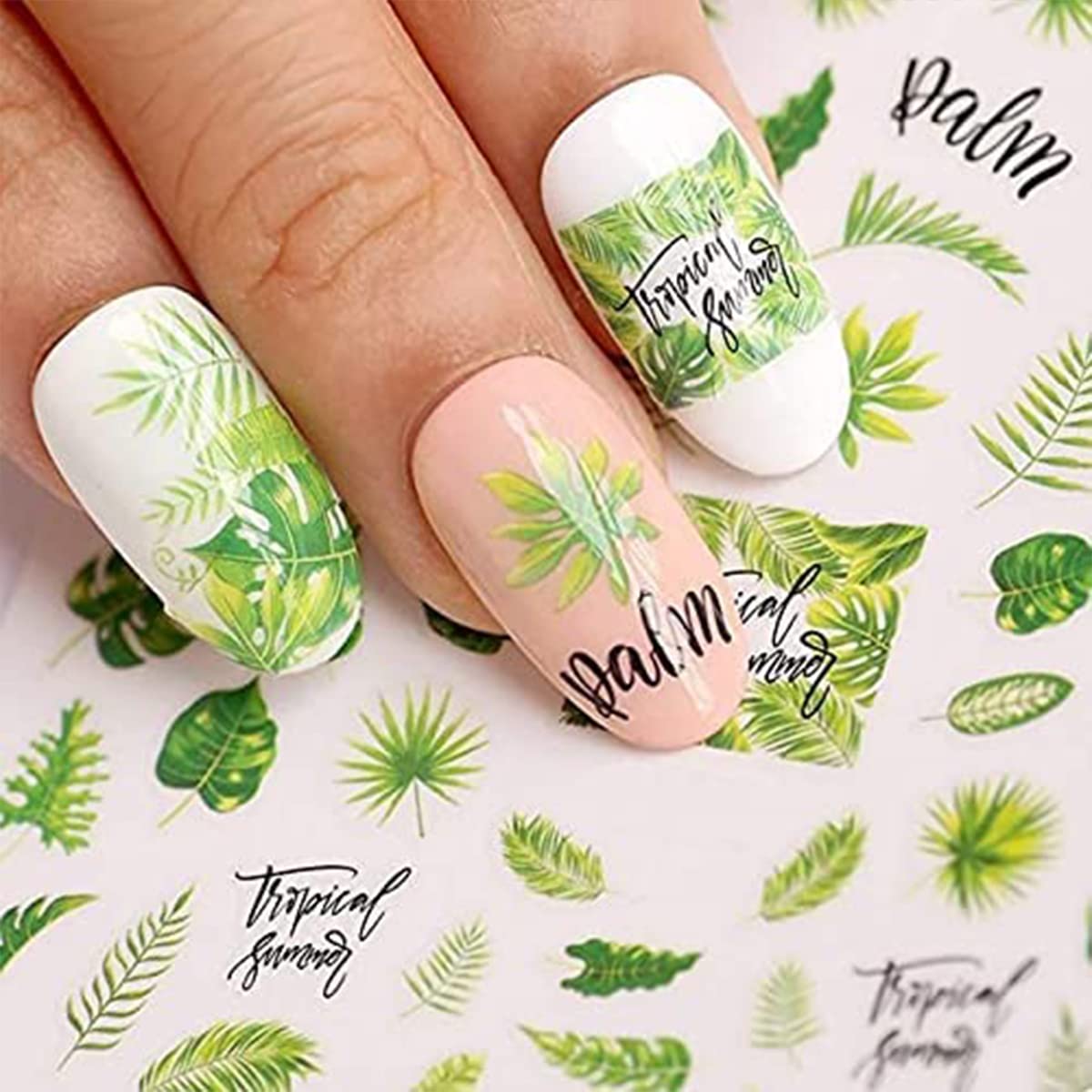 12 Sheets Summer Leaf Nail Art Stickers 3D Self-Adhesive Nail Decals Nail Art Supplies Palm Leaves Clover Nail Design for Women Manicure Nail Beauty & Personal Care ONEUPIN