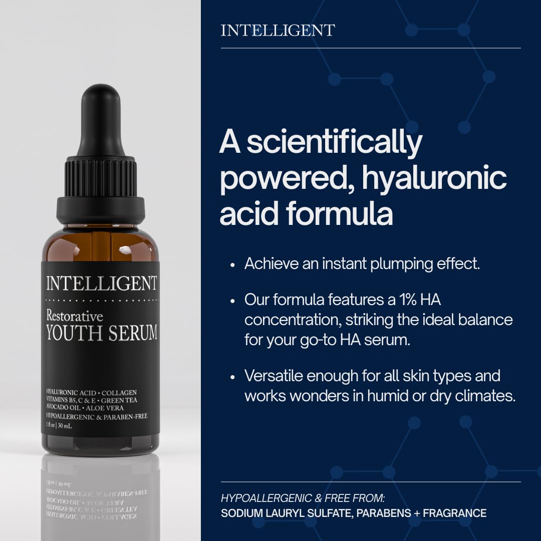 INTELLIGENT Youth Serum Anti Aging Facial Serum - With Vitamin C, Hyaluronic Acid, Collagen, Aloe Vera, Vitamin B5 & E - Helps Reduce Fine Lines | Beauty & Personal Care Intelligent Shop