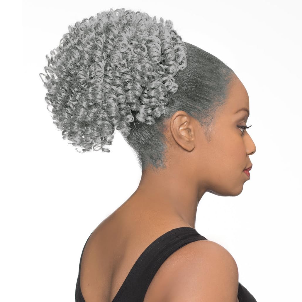 Maxwigs DS008 Ponytail Color 44 Charcoal Gray - Foxy Silver Wigs 8-10" Med Length Spiral Curls Drawstring Cheerleader Style Extension Synthetic Black