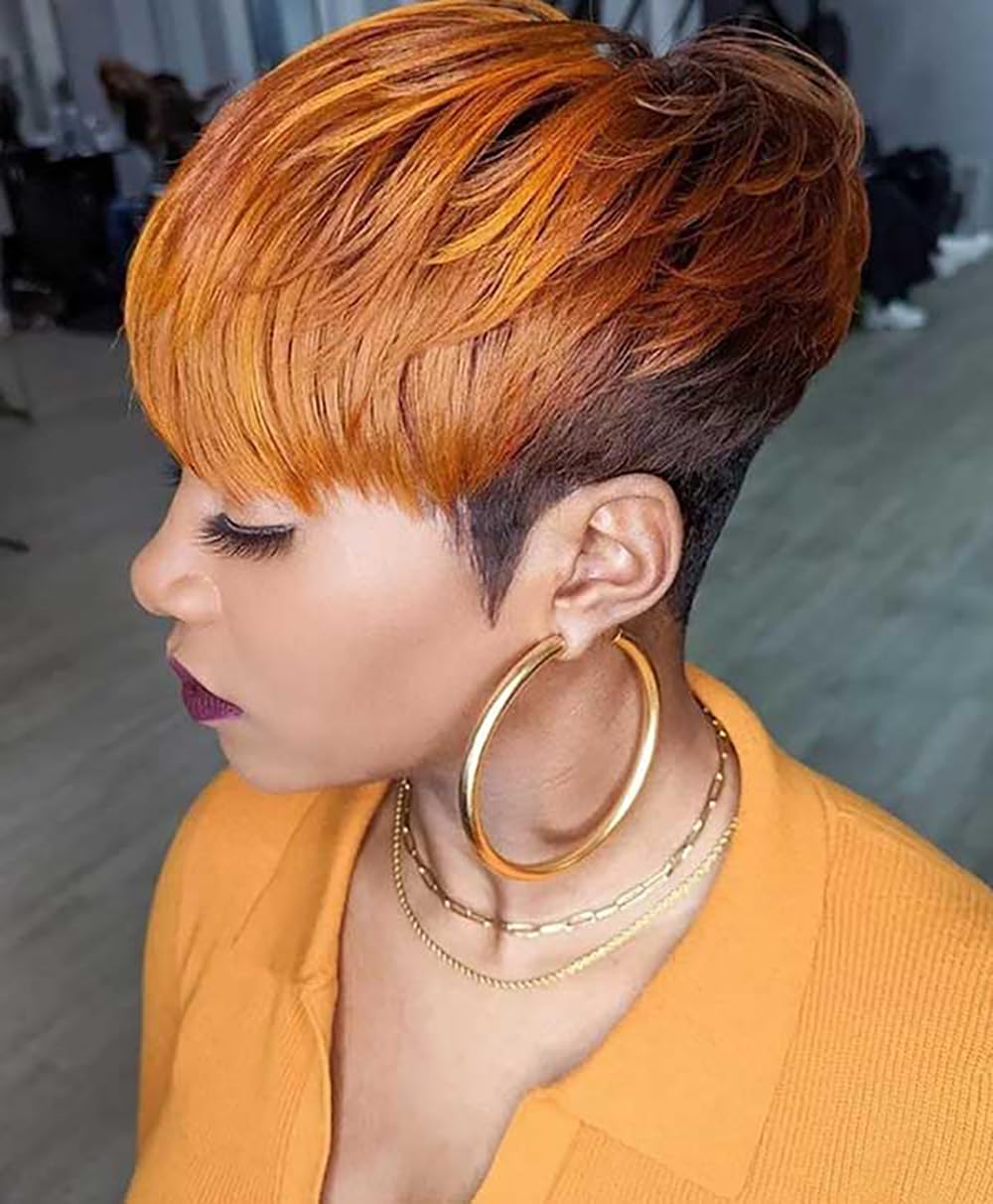 Nicelatus Short Synthetic Wigs for Black Women Short Ombre Wig with Bangs Short Pixie Cut Wig Ombre Hairstyle (Nicelatus-wig7337)