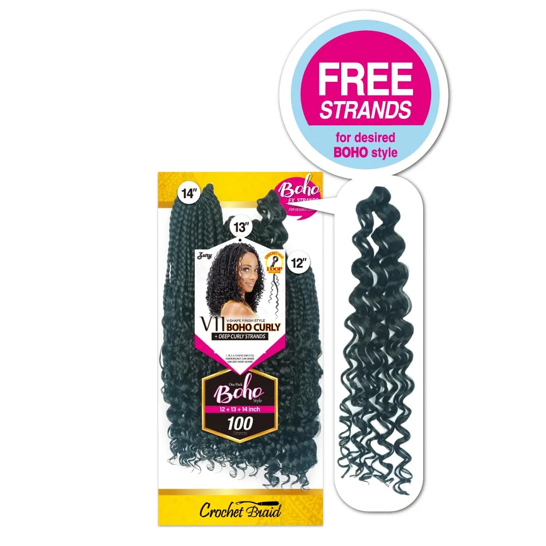 Royal Zury Crochet Briad V-shape Finish Style V11 Boho Curly (12"+13"+14") (Jet Black 1)
