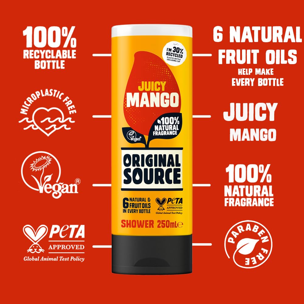 Original Source Mango Shower Gel, 100 Percent Natural Fragrance, Vegan, Cruelty Free, Paraben Free, Bulk Buy, Pack of 6 x 250 ml Beauty & Personal Care ORIGINAL SOURCE
