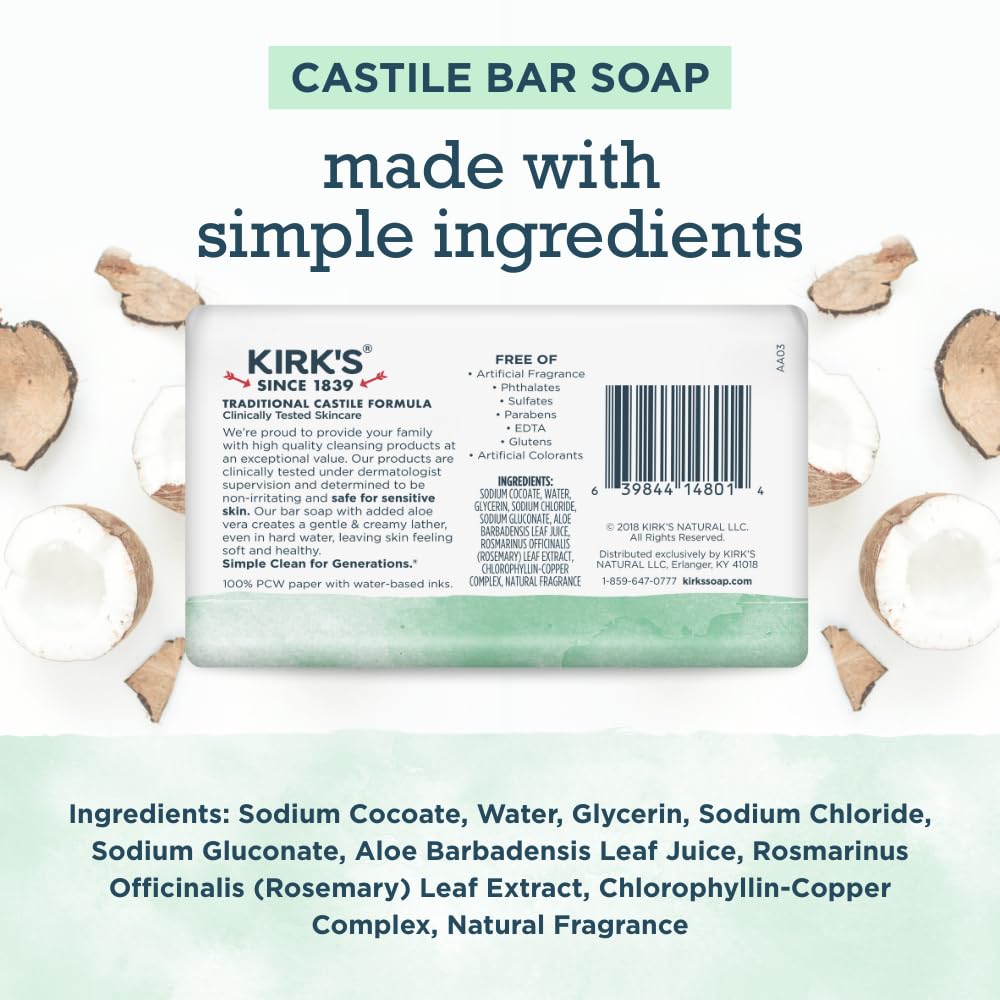 Kirk's Castile Bar Soap, Aloe Vera - Clinically Tested, Safe for Sensitive Skin with Coconut Oil, Vegan and Non-GMO - 4 oz Bars, 6 Pack Beauty & Personal Care Kirk's