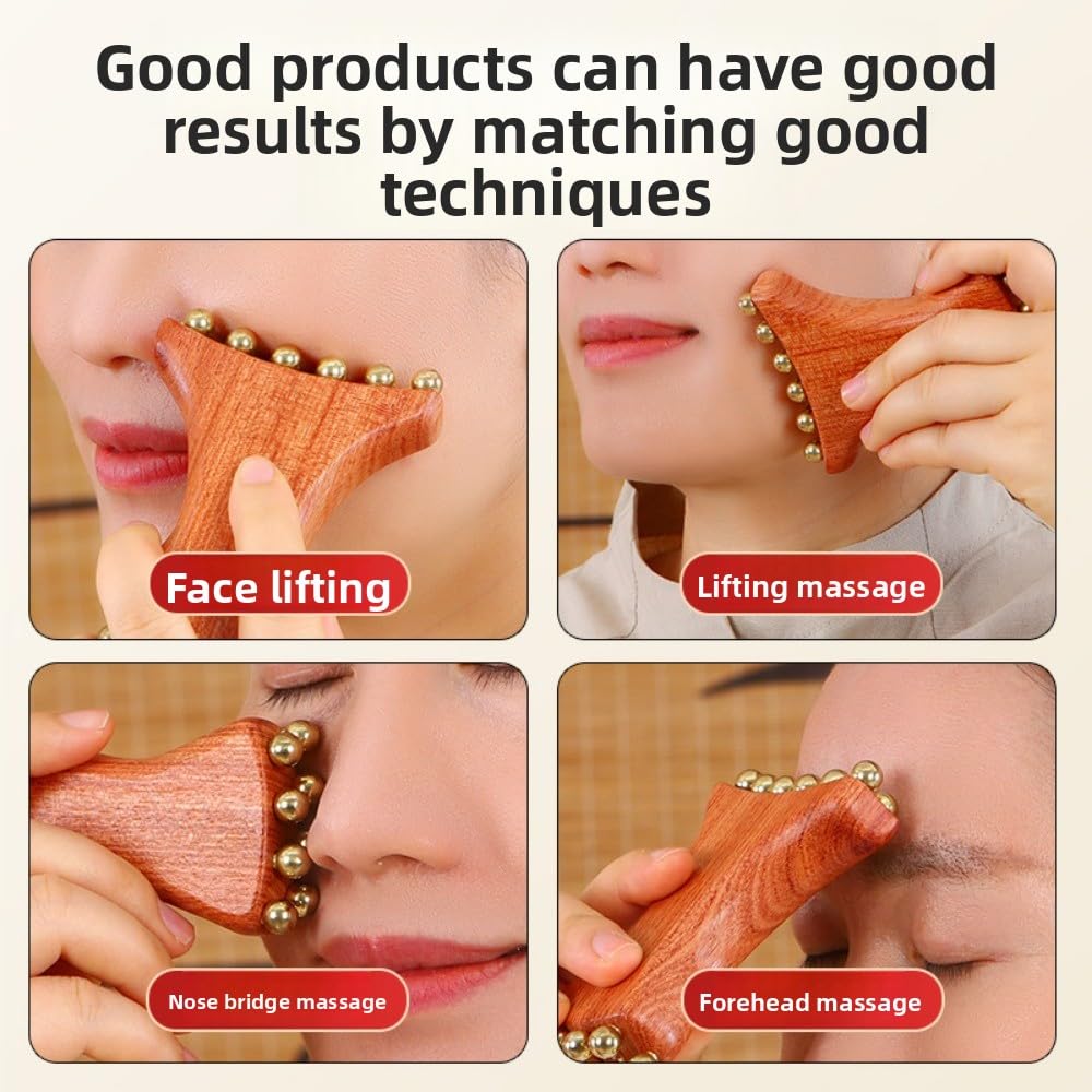 Brass Gua Sha Massage Tool for Face Lifting, Anti-Aging, Jawline Definition, Nasolabial Folds, Apple Cheek Lift - Wooden Handle Facial Roller (Gold Beauty and Personal Care Waillynice