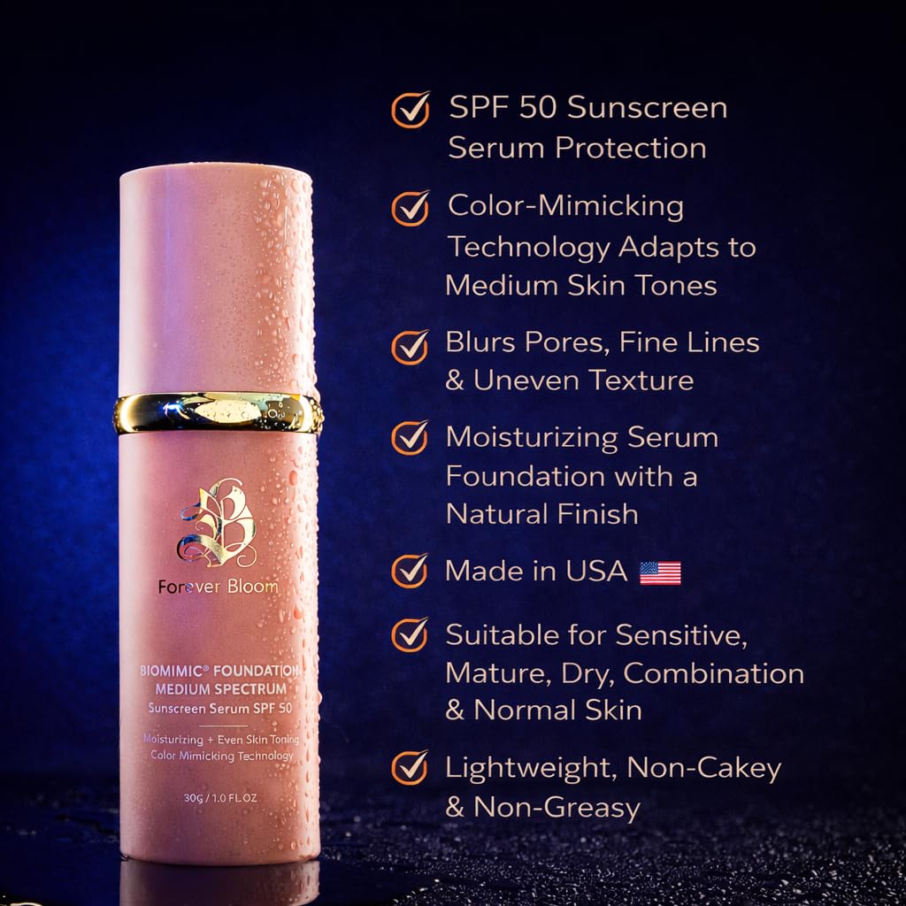 Bio Mimic Foundation Medium Spectrum by Forever Bloom; Protecting from Sun with SPF50; Foundation for Gym, Sports, Dancing Makeup for Mature Beauty and Personal Care Forever Bloom