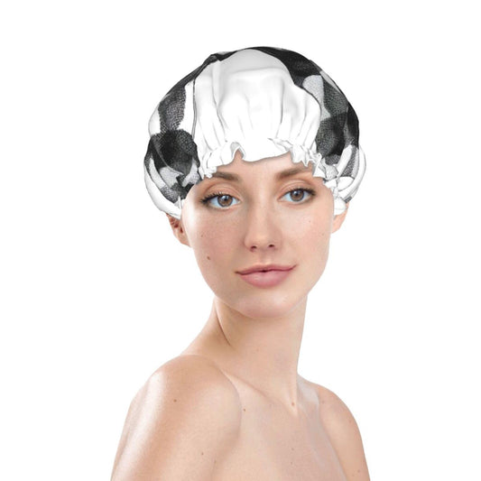 Watercolor Black And White Checkered Bow Prints Shower Cap Double Layer Lined Waterproof Bathing Shower Hat Beauty and Personal Care Hayyett