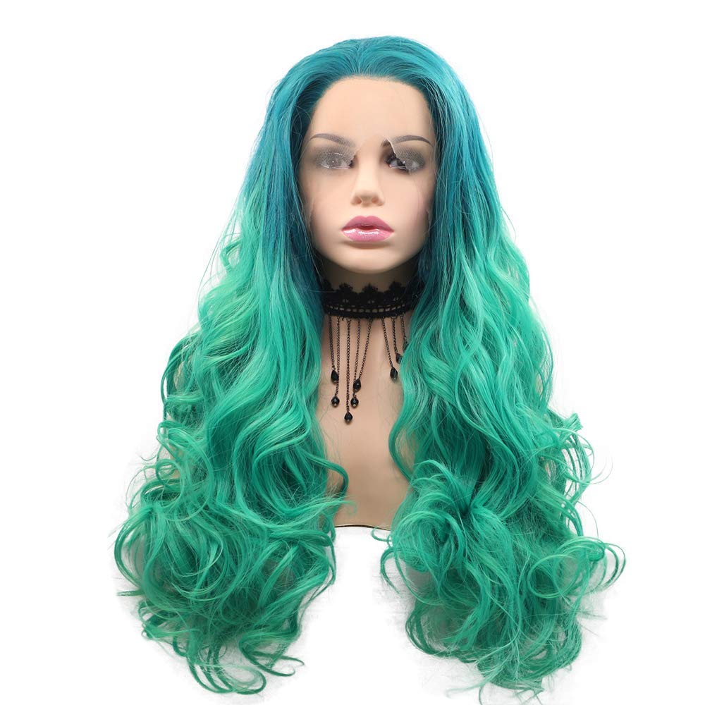 Long Green 2T Ombre Body Wave Synthetic Lace Front Wigs for Women Free Part Natural Hairline Glueless Wigs Light Green Ombre Green Body Wave Curly