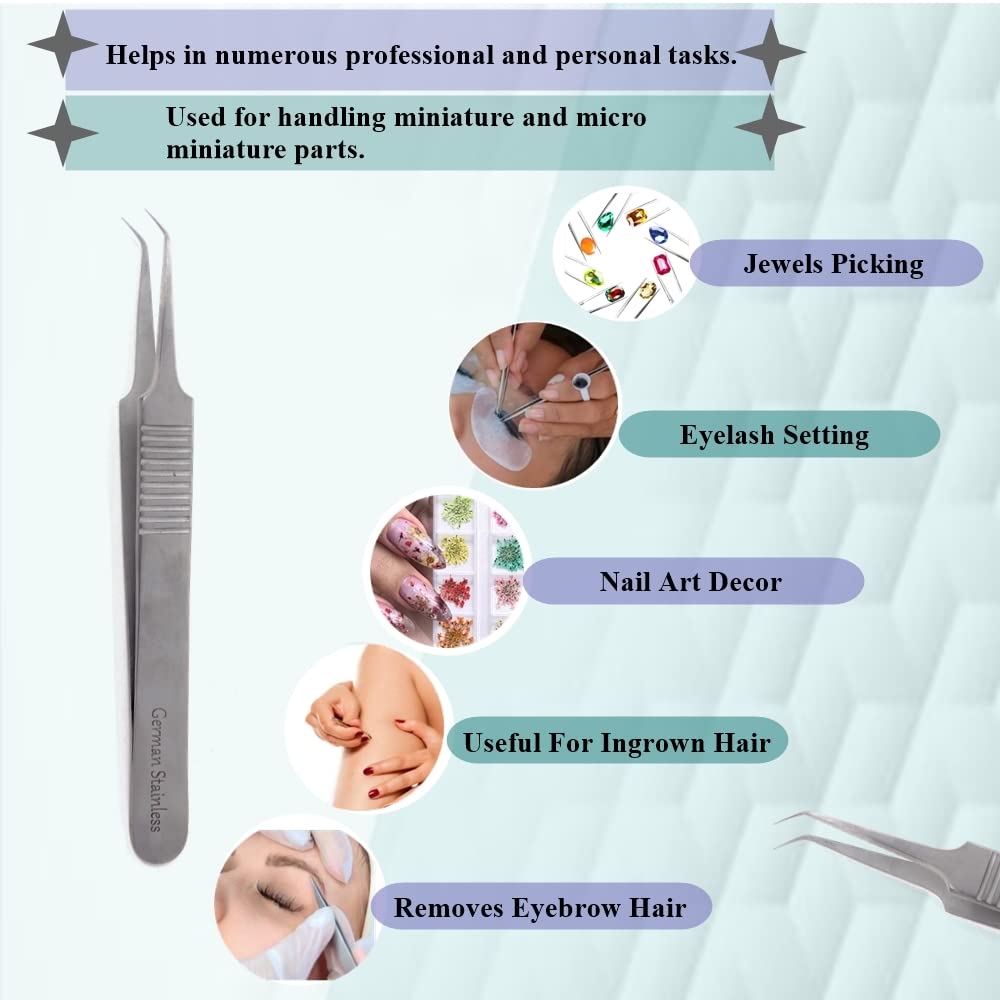 Professional Eyelash Tweezers Sharp, Needle Nose, Stainless Steel, Tweezers Precision Pluckers 4.75" with Fine Precision Tips for Facial Hair Beauty and Personal Care HIGH TECH INSTRUMENTS