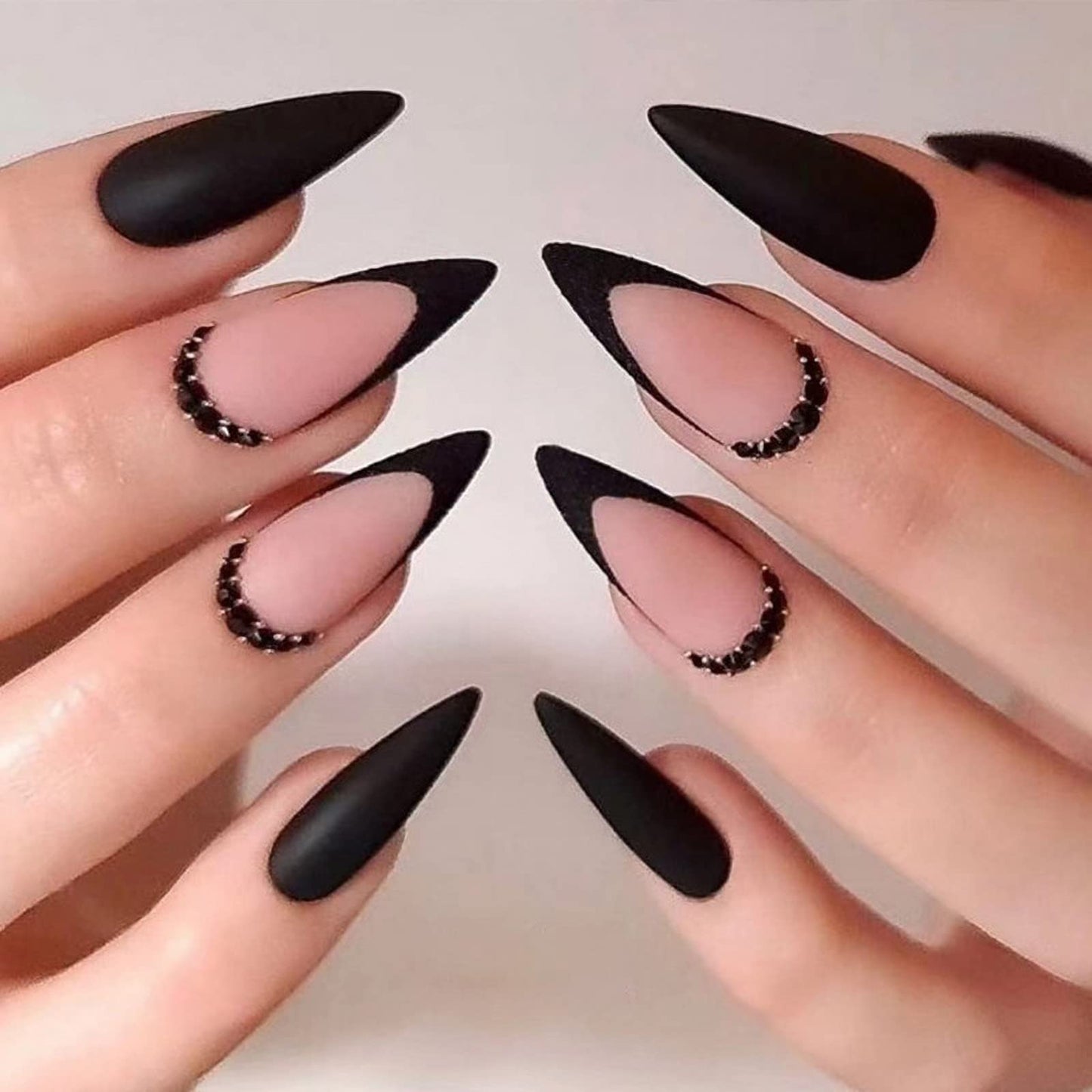 IMSOHOT Medium Press on Nails Almond Matte Black Fake Nails French Tips Acrylic False Nails with Rhinestone Designs Beauty & Personal Care IMSOHOT