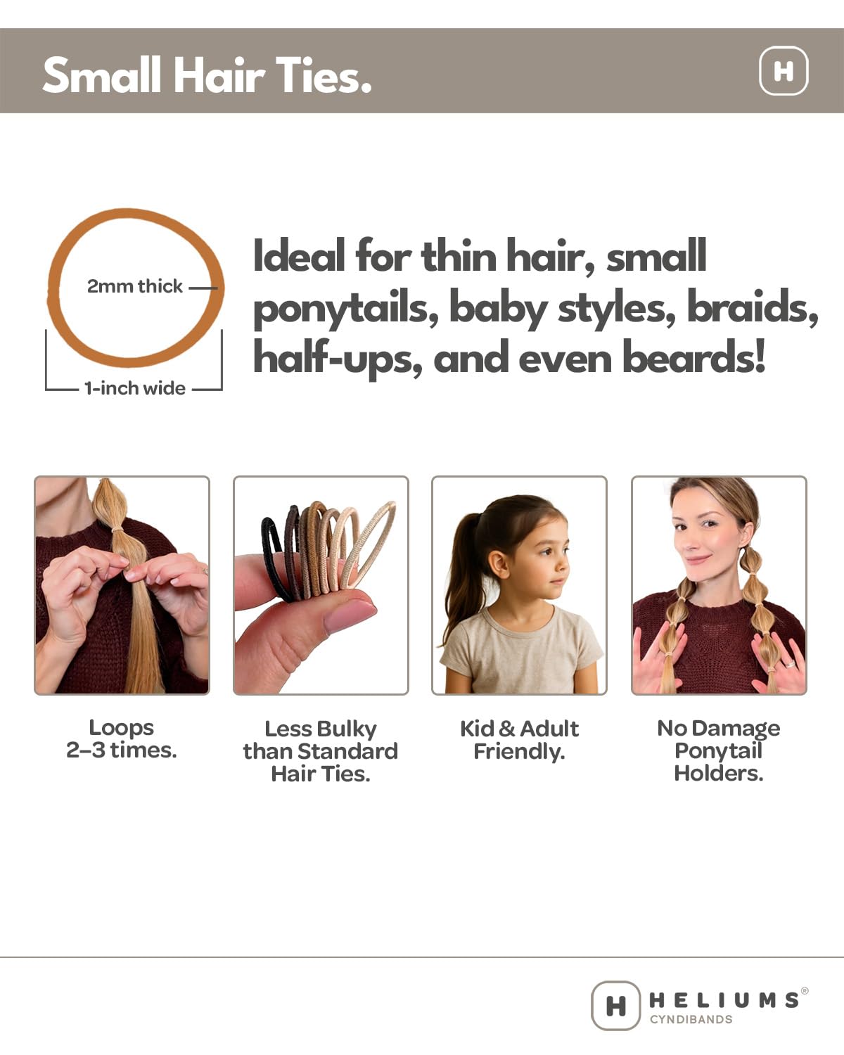Heliums Small Hair Ties - Ash Blonde - No Damage Mini 1 Inch Reusable 2mm Elastics for Thin Hair and Kids, Neutral Ponytail Holders - 48 Count Beauty and Personal Care Heliums