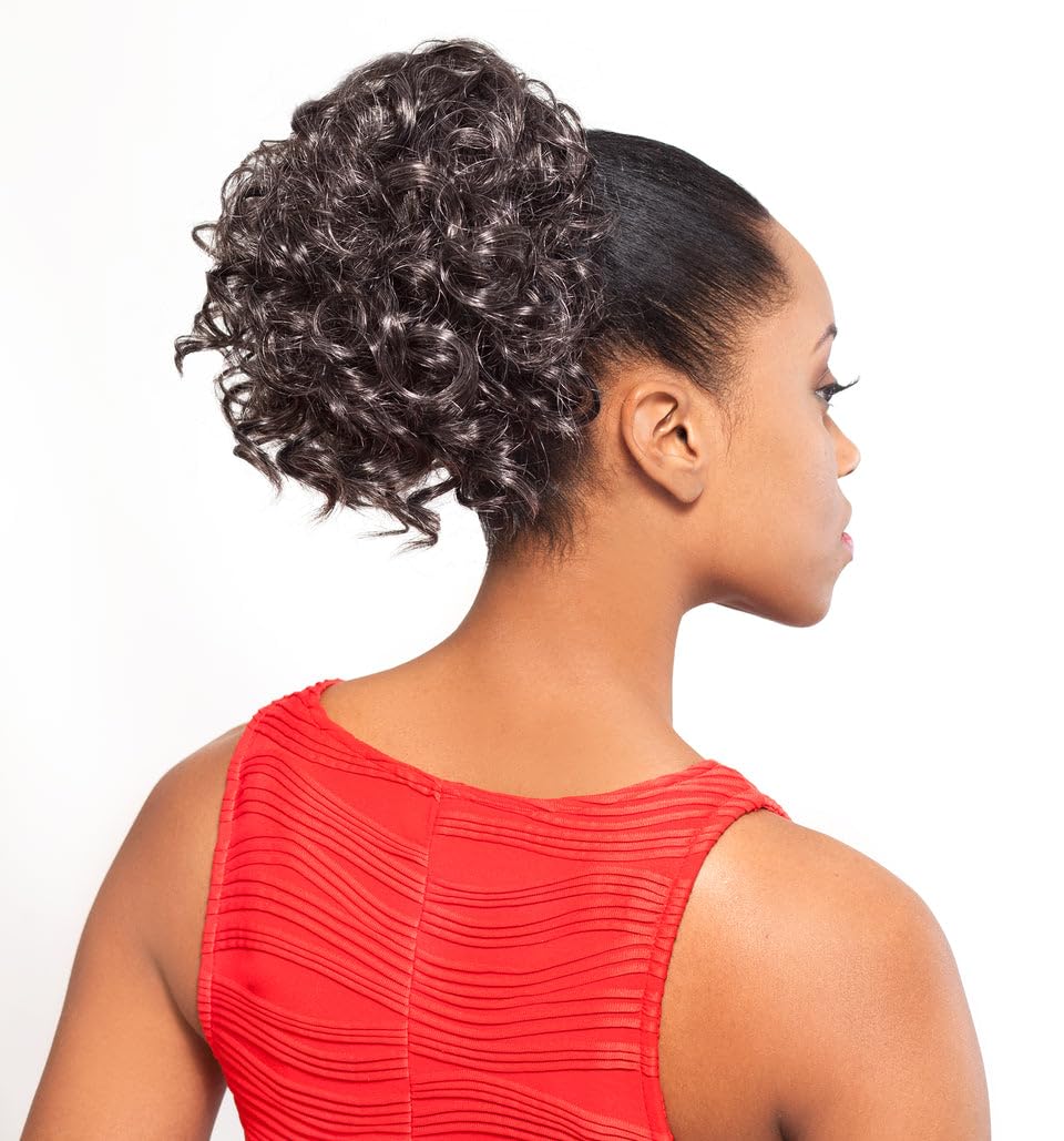 Maxwigs DS006 Curly Ponytail Color 44 Charcoal Gray - Foxy Silver Wigs 8-9" Length Drawstring Medium Size Curls Hairpiece Extension Synthetic Black