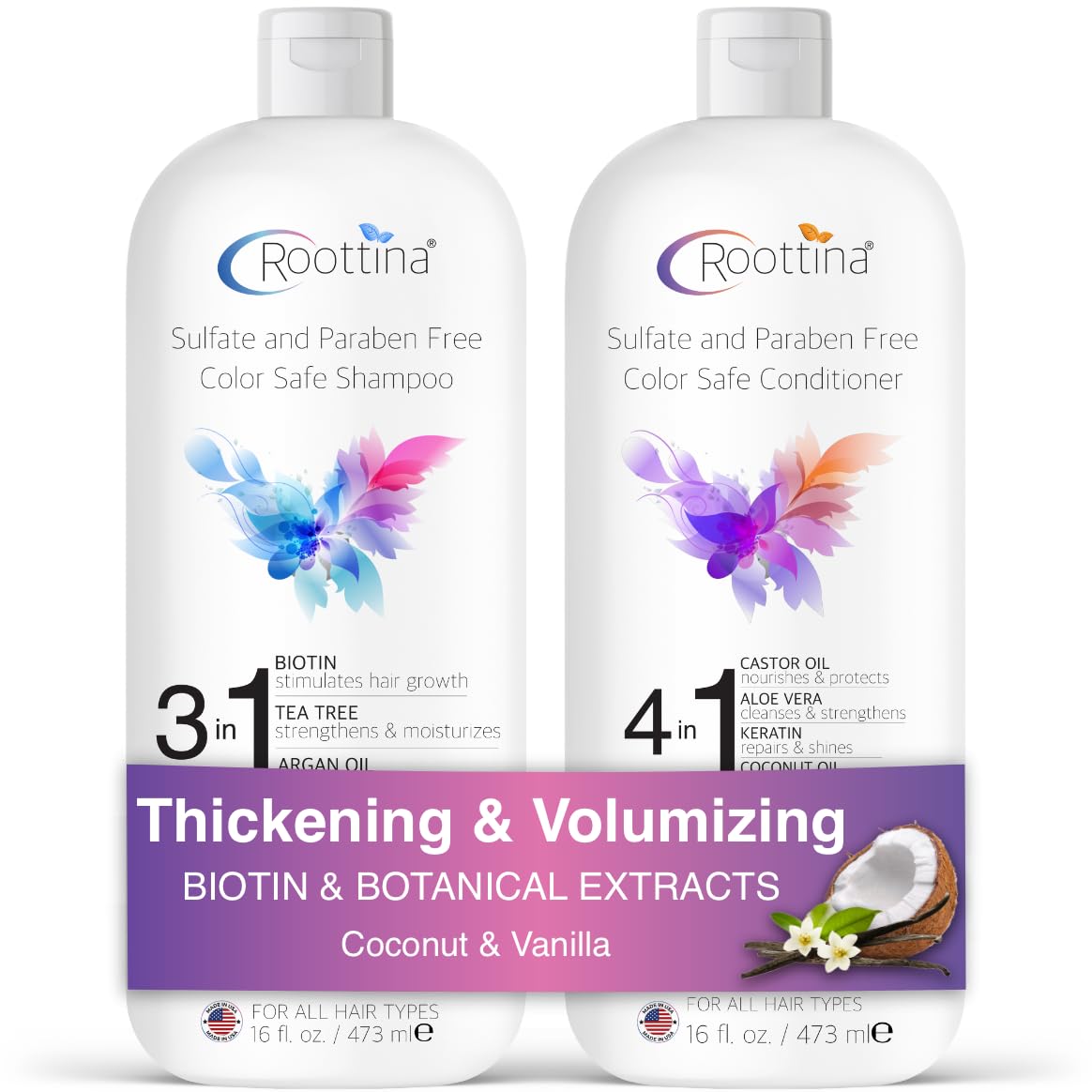 Hair Thickening Shampoo and Conditioner Set for Thinning Hair and Hair Loss Concerns - Volumizing Formula With Biotin & DHT Blockers, Sulfate-Free Beauty & Personal Care Roottina