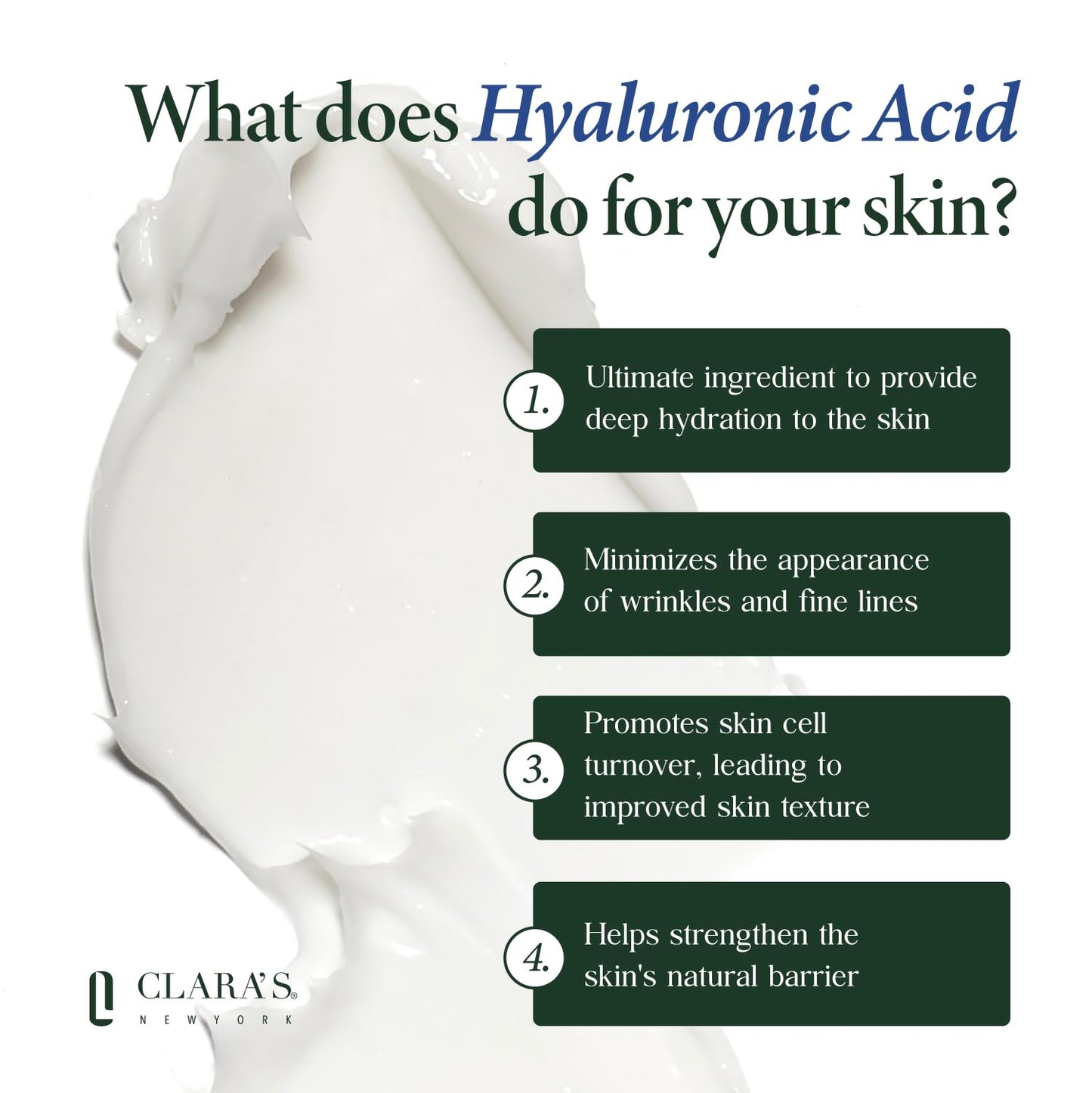 CLARA'S NEW YORK | Vegan Hyaluronic Acid Facial Cream | with Panthenol, Shea Butter | Intense Hydration Moisture Enhancing Smooth, Plump, Rich | Beauty & Personal Care CLARA'S NEW YORK