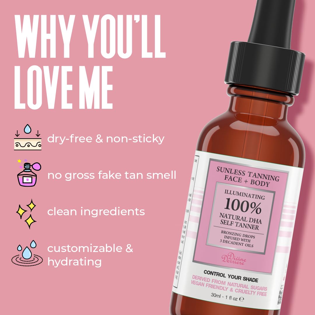 Divine Derriere Self Tanning Drops for Face - Self Tanner for A Maui Babe Body Glowing Tan - Body & Face Self Tanner Drops for a Natural Looking Self Beauty & Personal Care Divine Derriere