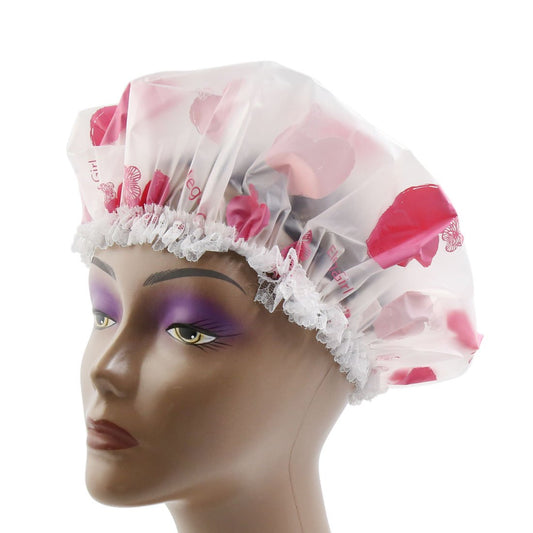 Ruilogod Pink Thick PEVA Heart Printing Waterproof Shower Bath Hair Cap Protective Hat (id: e93 2c2 918 b9b 038 Beauty and Personal Care Ruilogod