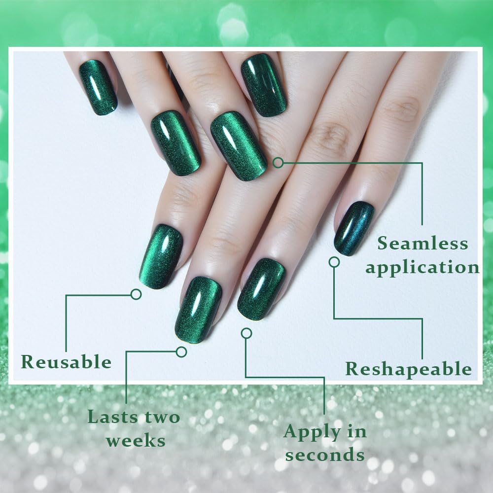 evpct Dark Emerald Green Metallic Cat Eye Press on Nails Square Medium, Stick on Nails Medium Length Square for Women, Green Metallic Nail press ons Beauty and Personal Care evpct
