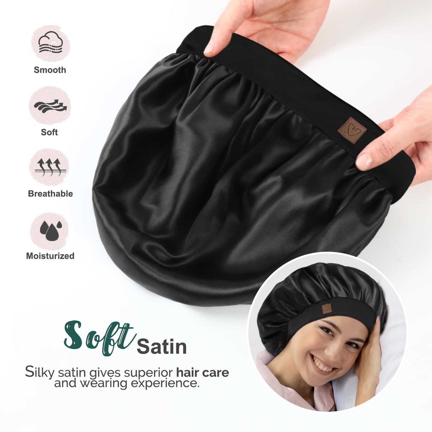 Hat Hut Satin Bonnet Silk Bonnet Sleep Cap for Women Hair Bonnet for Curly Natural Hair Sleeping Adjustable Wide Band Double Layer (Black) Beauty & Personal Care Hat Hut