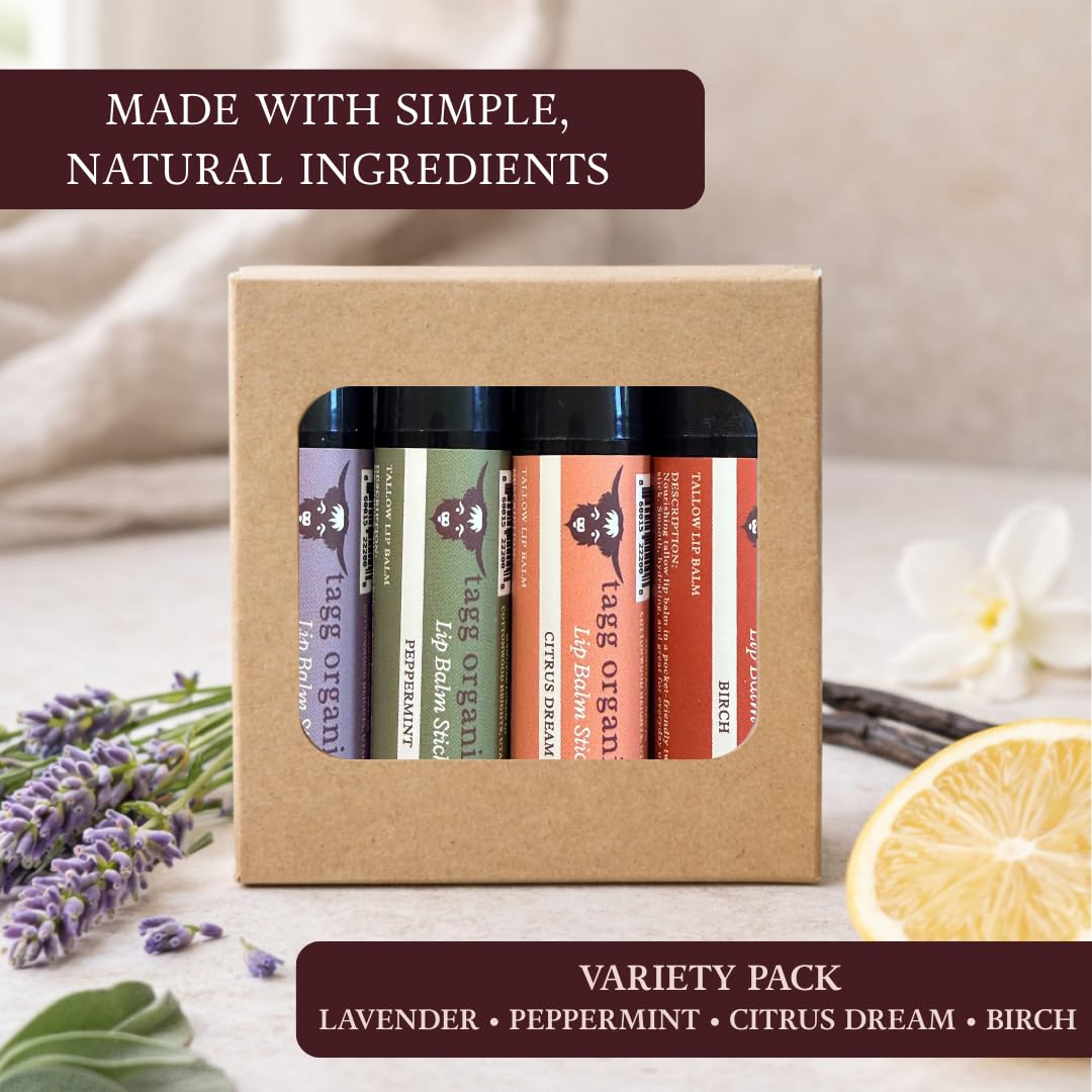 Tallow Lip Balm Variety Pack - Moisturizing Lip Care with Grass-Fed Tallow, Natural Beeswax & Essential Oils, 4 Pack (.15 oz) Beauty and Personal Care TAGG ORGANICS