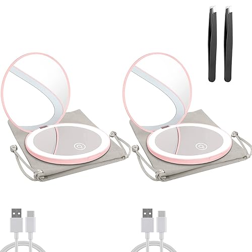 Milishow Compact Mirror with LED Light,1x/10x Magnifying Rechargeable Mirror,3.5in, Dimmable Travel Mirror for Purse,Pocket,Handheld 2-Sided Makeup Beauty & Personal Care Milishow