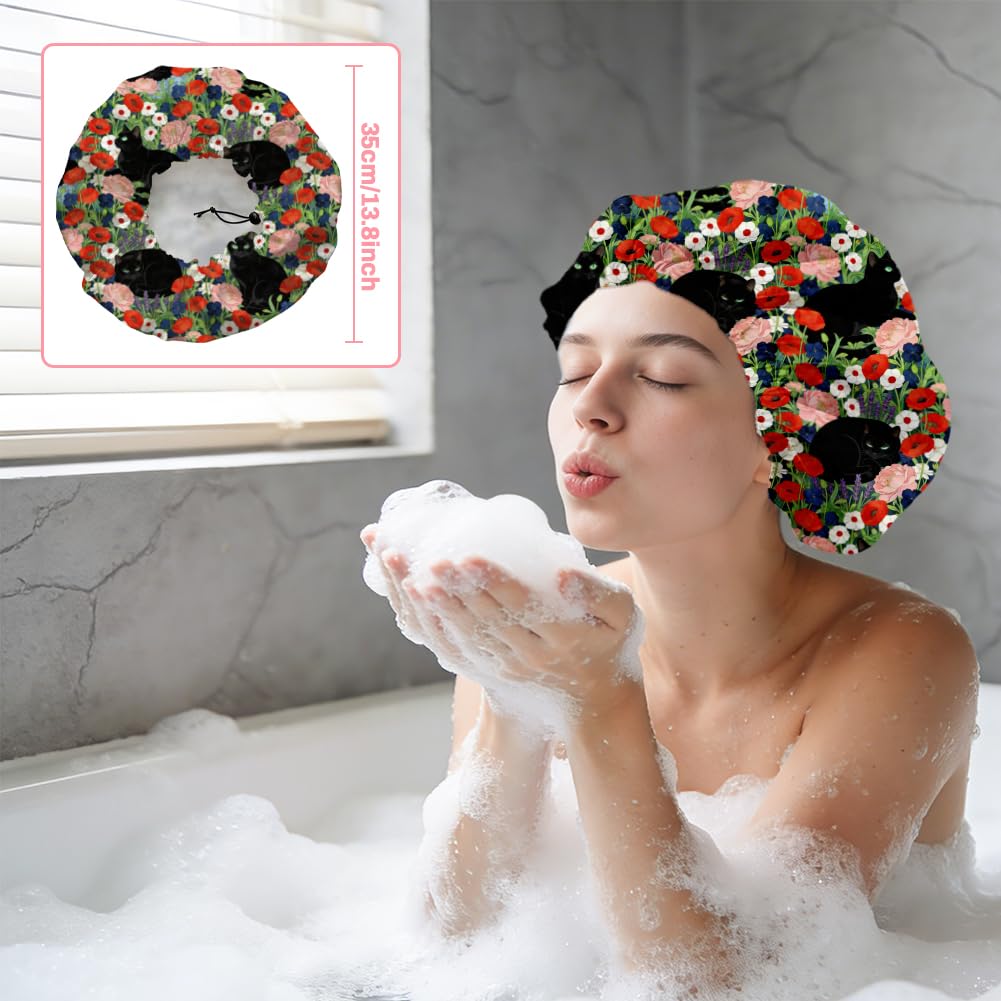 DELORIGIN Black Cat Reusable Shower Cap Flower Double Layer Waterproof Shower Caps Large Elastic Hair Cover Adjustable Hair - Drying Caps for Woman Beauty and Personal Care DELORIGIN