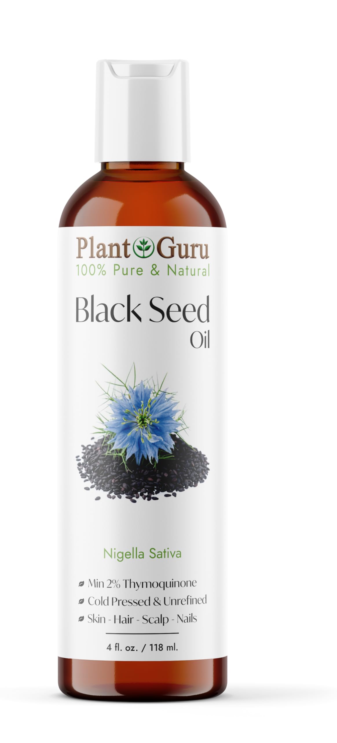 Plant Guru Black Cumin Seed Oil 4 fl. oz. Unrefined Cold Pressed 100% Pure Natural Nigella Sativa Kalonji Oil For Skin Care, Hair Growth, Scalp Beauty & Personal Care Plant Guru
