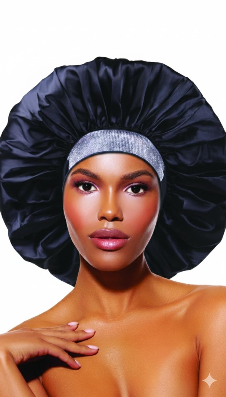 DONNA Jewel Band Silky Satin Bonnet - Jumbo Size Hair Bonnet with Sparkling Band - Smooth Satin Bonnet for Sleeping & Styling - One Size Fits Most -