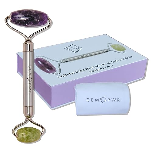 GEM PWR Amethyst + Jade Roller for Face and Neck Massage, Dual Gemstones with Durable Steel Handle and Travel Bag. Minimize Wrinkles, Reduce Puffiness Beauty & Personal Care GEM PWR