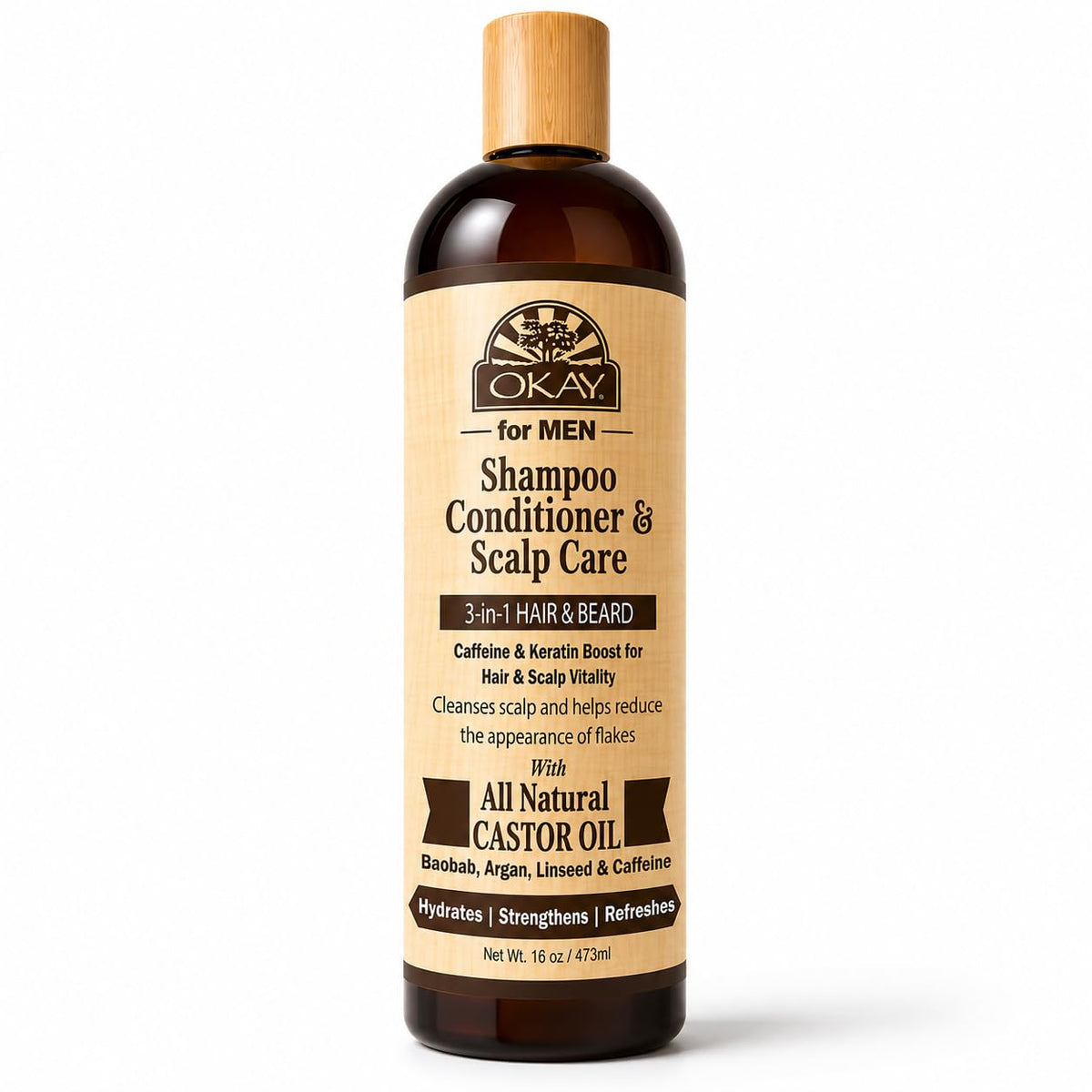 OKAY-MEN 3 in 1 Shampoo and Conditioner - Castor Oil Shampoo and Conditioner, Beard Wash, Clarifying Treatment for Dry Damaged Hair, Dandruff, Curly
