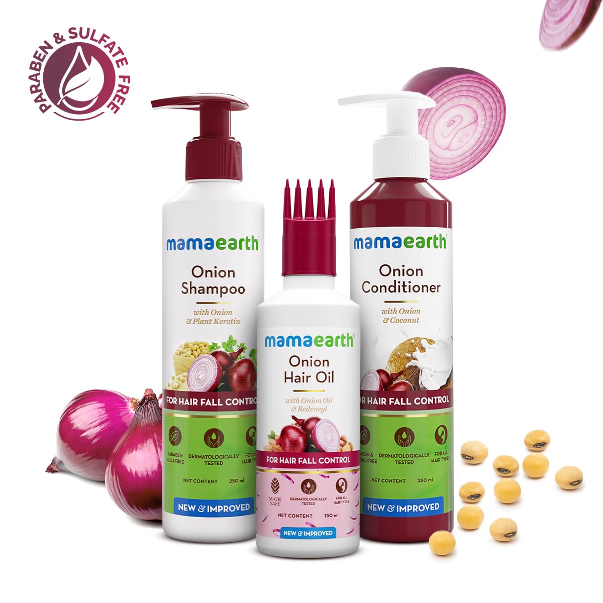 Mamaearth Onion Hair Care Kit - Hair Fall Control with 150ml Onion Oil & Shampoo + Conditioner (250ml Each) | Anti Hair Loss & Growth Formula | 3 Beauty & Personal Care MAMAEARTH