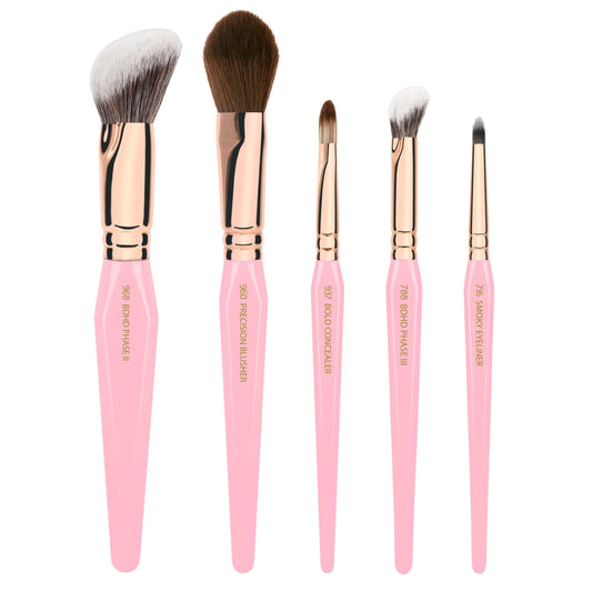 Bdellium Tools Pink Golden Triangle Face & Eyes Makeup Brush Set - Well-balanced Brush Set with Soft Synthetic Bristles and Rose Gold Brass Ferrule